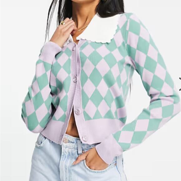 Y.A.S collar detail cardigan in lilac /green checkerboard size M retro academia - Picture 6 of 14